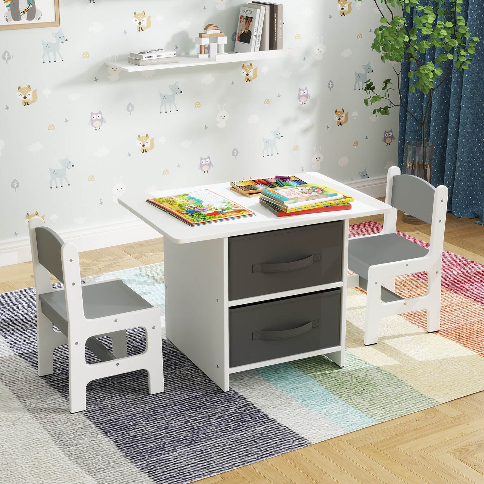 Costway Babyjoy Kids Art Play Wood 2-Piece Chair and Storage Activity Table Set, Grey/White