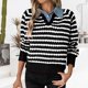 thumbnail image 1 of HongQid Womens Striped Sweater Shirts Lapel V Neck Long Sleeve Strip Knit Pullover Casual Layer Top Jumper Y2K Shirt, 1 of 8