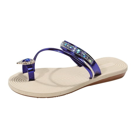 

Daznico Womens Sandals Ladies Summer Solid Color Leather Rhinestone Toe Straw Woven Flat Slippers ( Blue 6.5 )