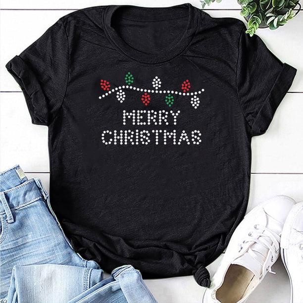 Puntoco Mujeres Moda Rhinestone Navidad Imprimir O-cuello Casual Camiseta Blusa tops Puntoco Puntoco-2187