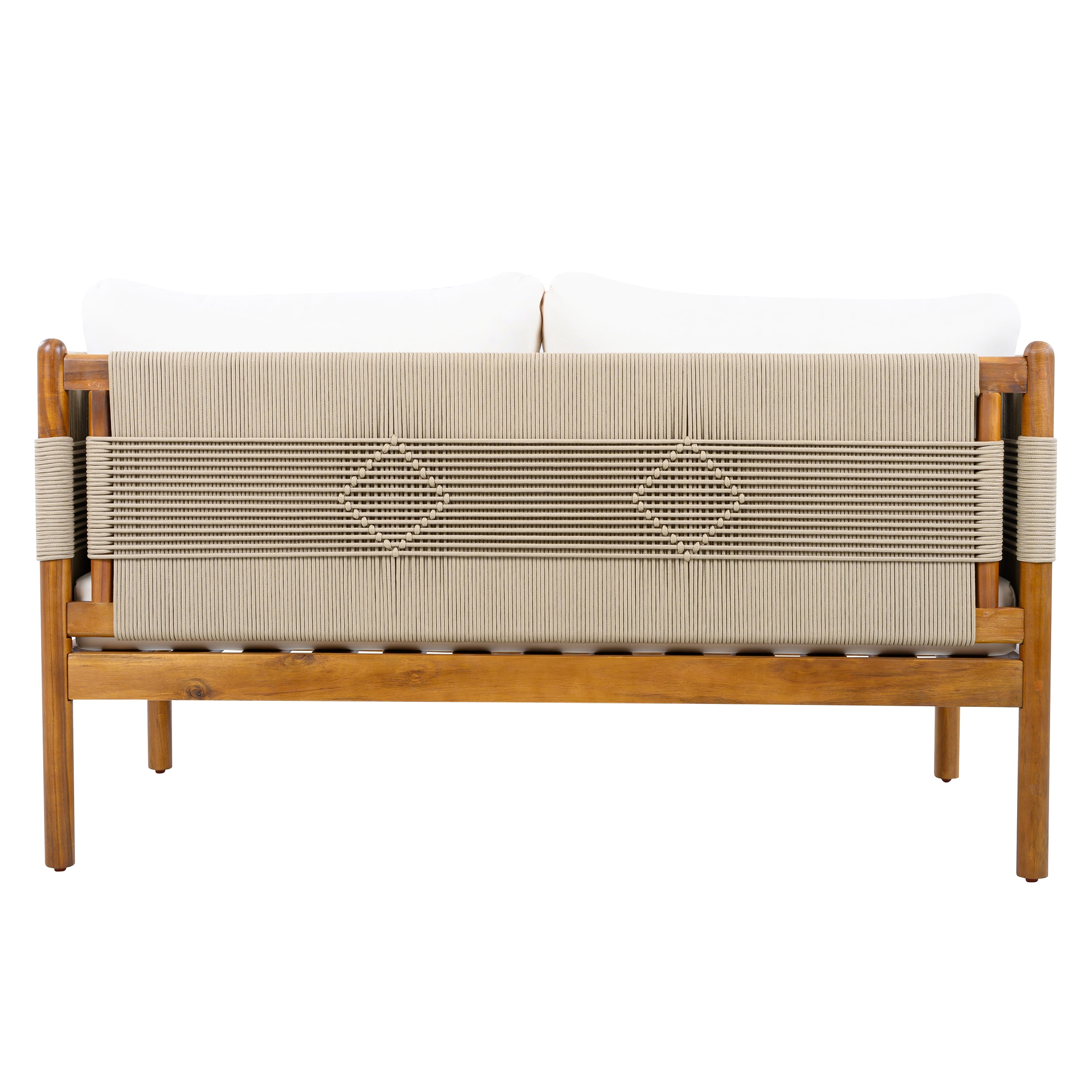 Loveseat, Outdoor Acacia Wood Sofa with Diamond Rope Weave and Cushions for Patio Garden, Teak and Cream