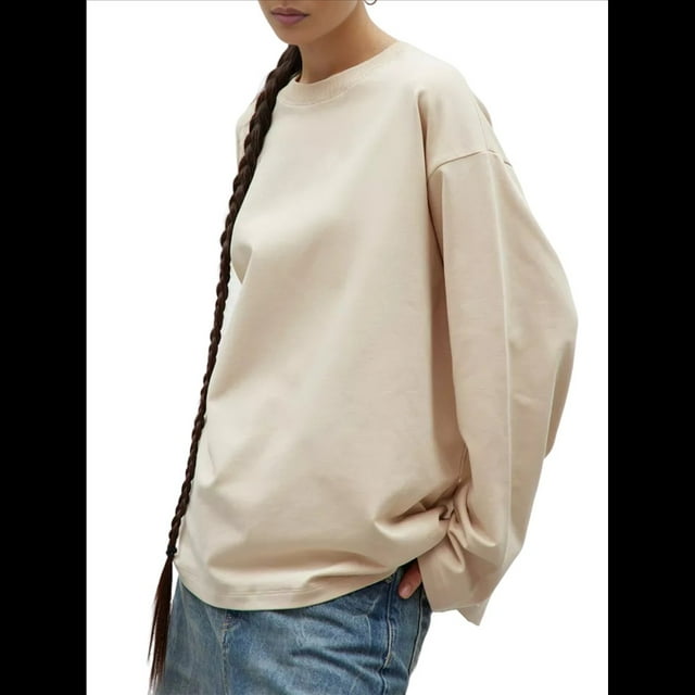 Camisetas de Larga Extragrandes para Mujer 2025, Camisetas Básicas de Cuello Redondo, Tops de Otoño, Ropa Informal de Entrenamiento Y2K Albaricoque L