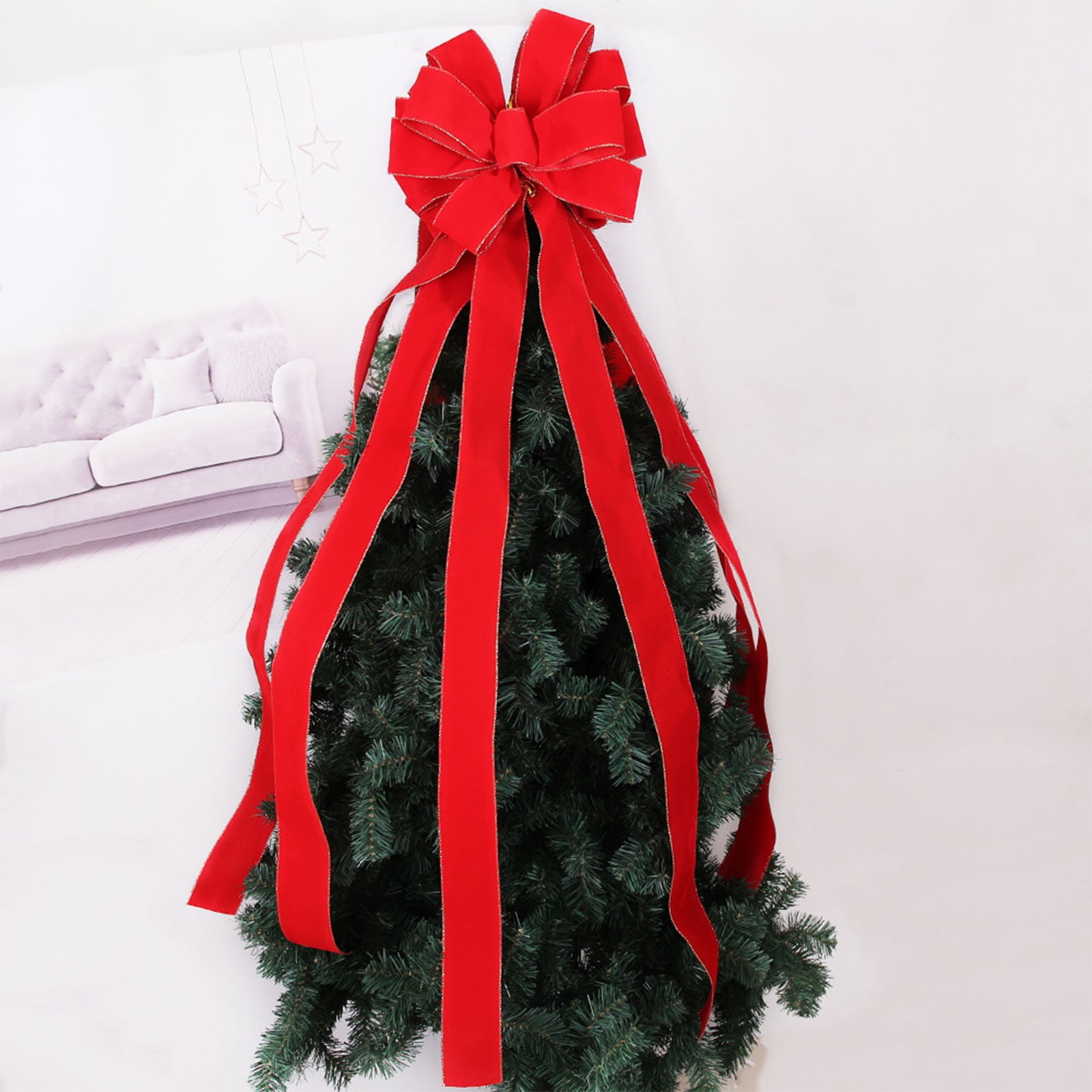 YUNAFFT Christmas Tree Topper Bow, Large Red Velvet Bow with Gold Edge and Long Streamers, Christmas Wreath Bows for Xmas Tree Handmade Holiday Party Decorations