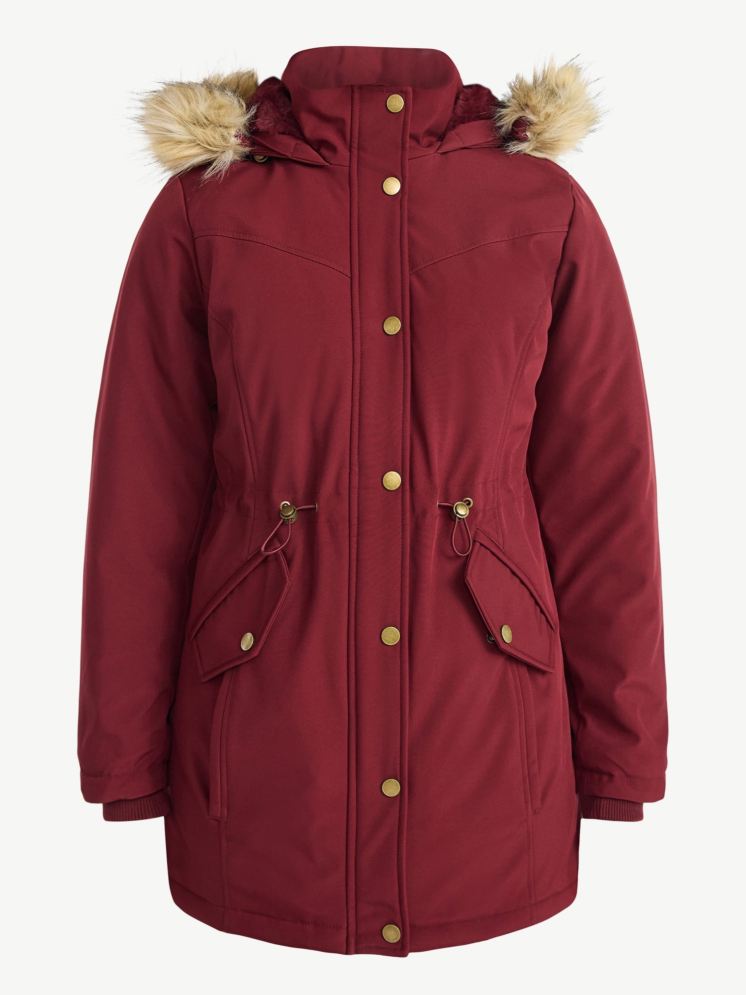 Time and Tru Women's and Women's Plus Hooded Anorak Jacket with Faux Fur Trim, Heavyweight, Sizes XS-2X