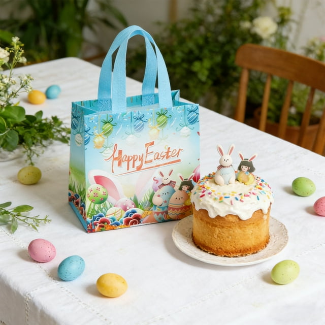 Aodebiao 1 Pce Sacs Fourre-Tout de Pâques avec Poignées Lapin Sacs Non Tissés Réutilisables Sac d'Épicerie de Pâques Cuisine