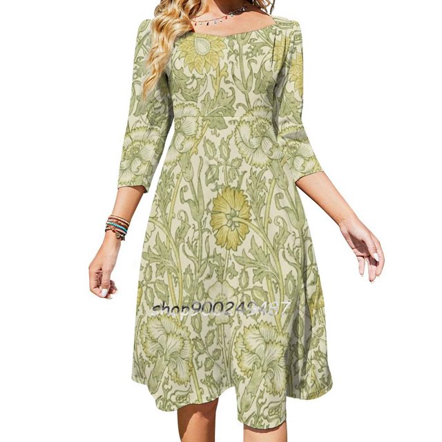 Vestido acampanado con estampado de hinojo y prímula rosa y rosa de William Morris Vestido de cuello cuadrado Vestido elegante de moda femenina estampado William