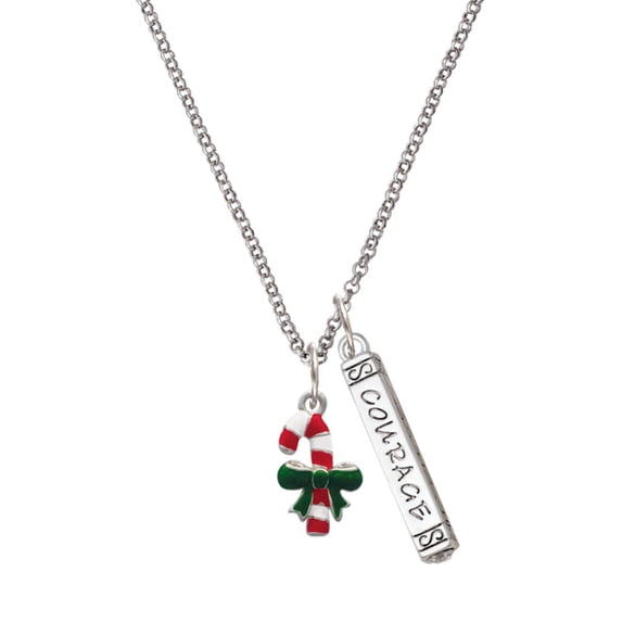 Delight Jewelry Silvertone Candy Cane with Green Bow Silvertone Courage Strength Wisdom Honesty Bar Charm Necklace, 23"