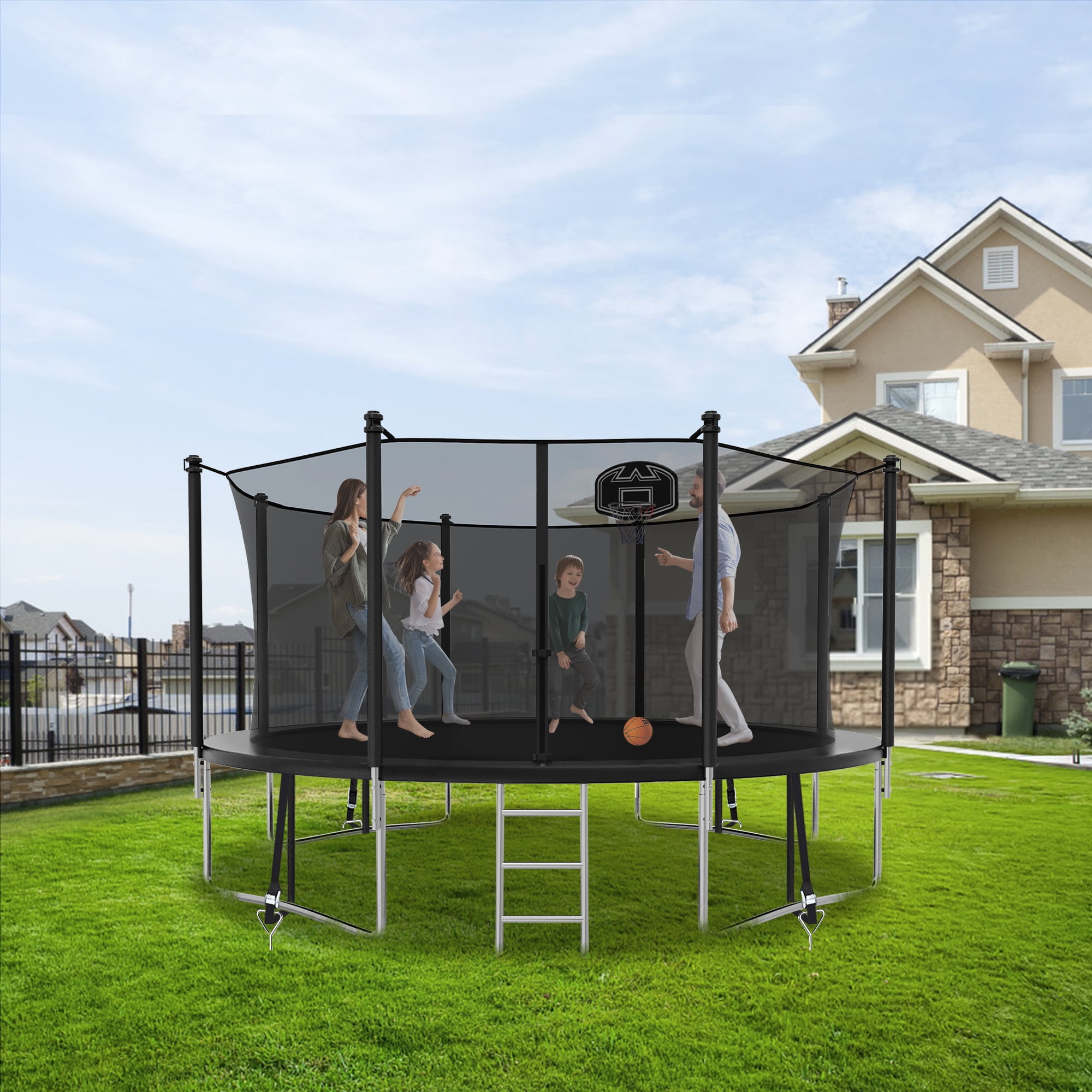 CITYLE Trampoline 14FT Trampoline for Kids and Adults, Outdoor Trampoline with Enclosure Net, Backyard Trampoline with Basketball Hoop, Wind Stakes, Ladder, Weather Resistant, Easy Assembly,Last Long