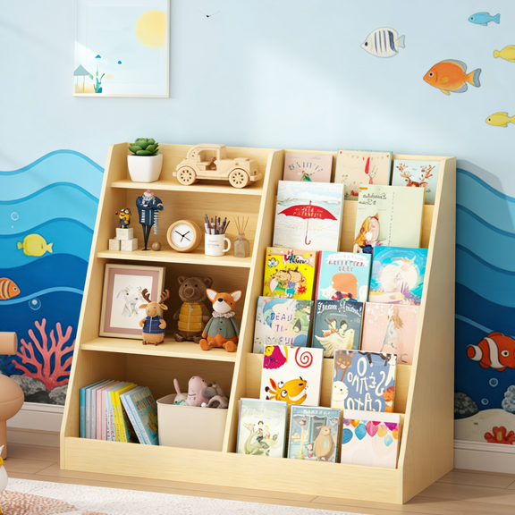 Natural 4-Tier Wooden Kids Bookshelf & Toy Storage Organizer, Multifunctional Bookcase for Playroom Nursery