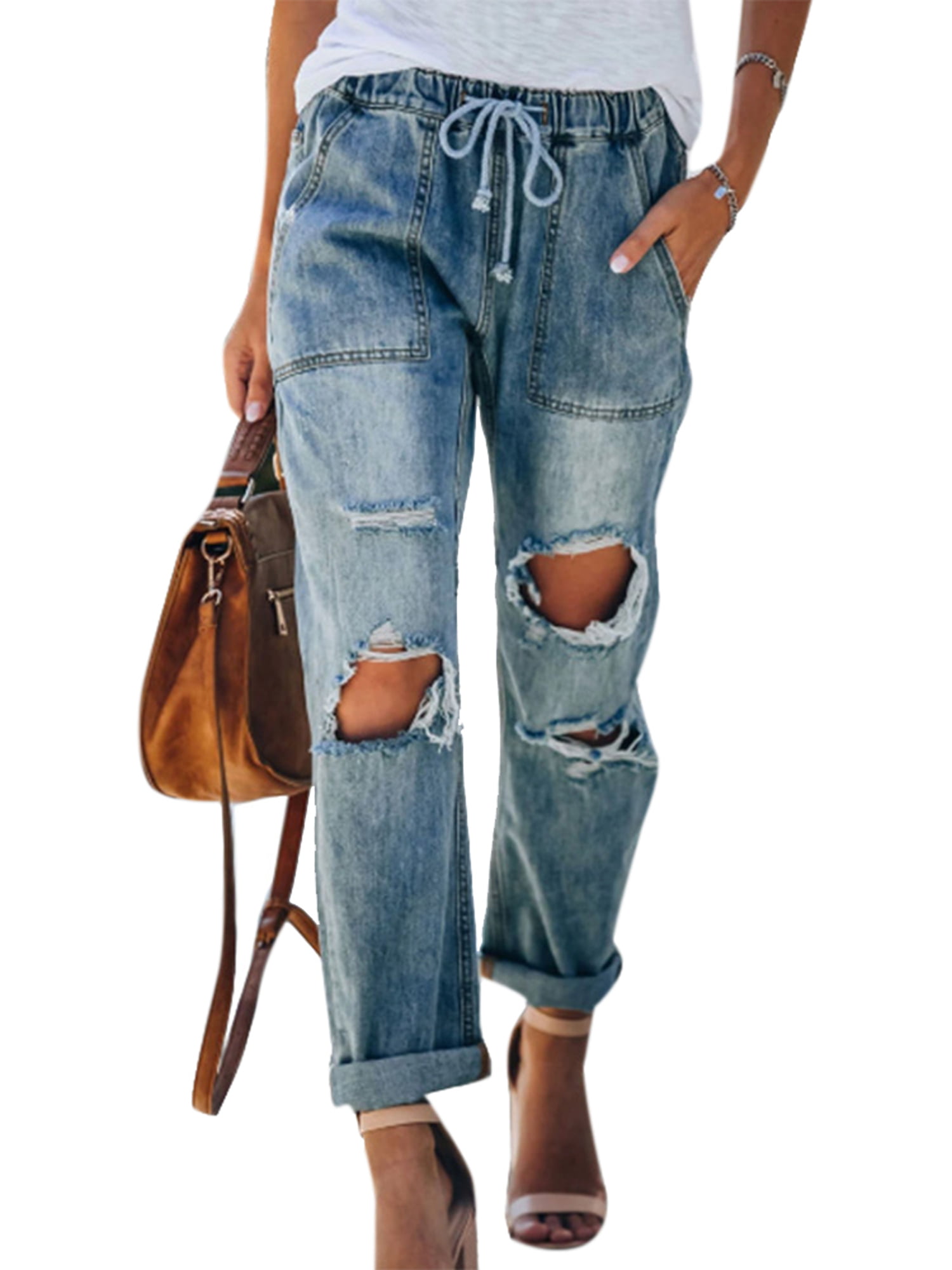 Women Loose Jeans Loose Denim Pants Relaxed Drawstring Destroyed Ripped ...