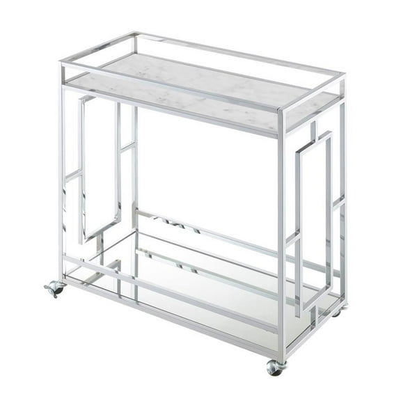 Pemberly Row Chrome Metal Faux Marble Mirrored Bar Cart with Shelf