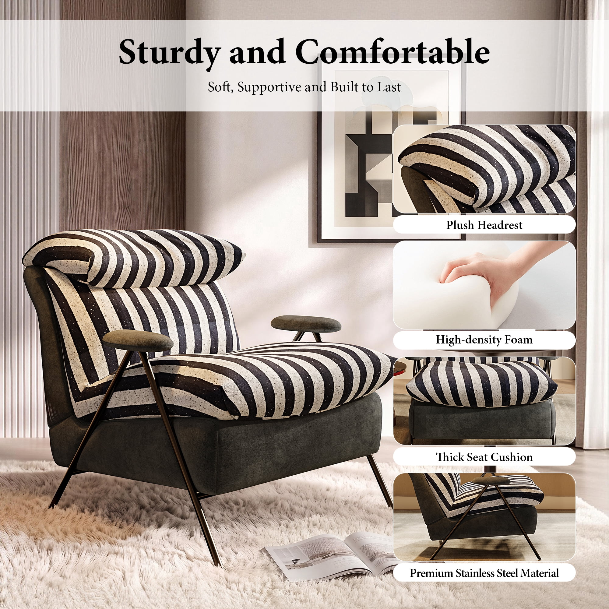 Aukfa Zebra Stripe Accent Chair, Modern Upholstered Armchair with Thick Padded Seat and Back for Living Room & Bedroom