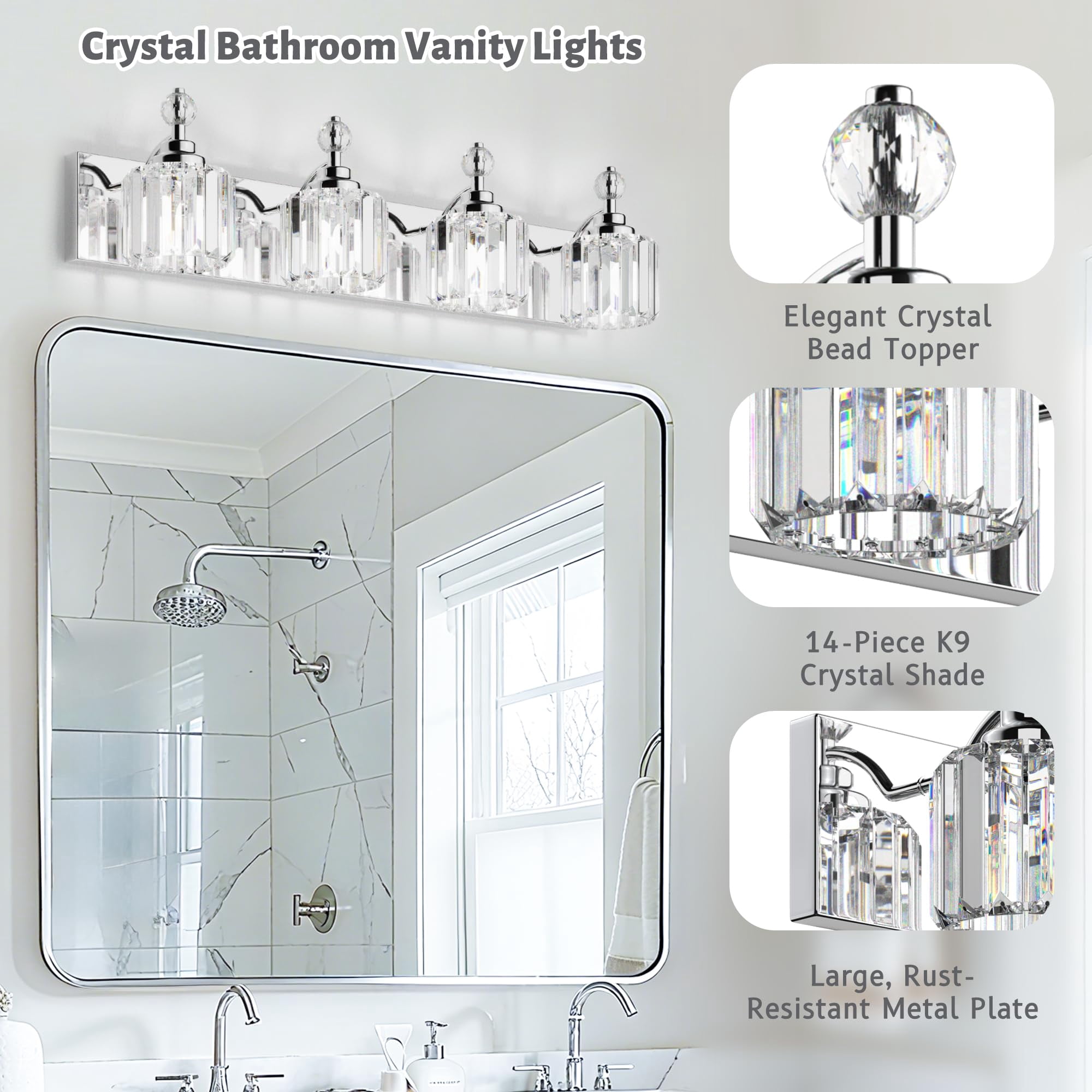 4 Light Crystal Bathroom Vanity Light Chrome Wall Light Fixture Modern Vanity Lighting Over Mirror E12-Base