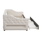 Noble House Twin XL Linen Upholstered Daybed, Tufted Frame with 7-Color LED Belt and 2 Storage Drawers, Beige