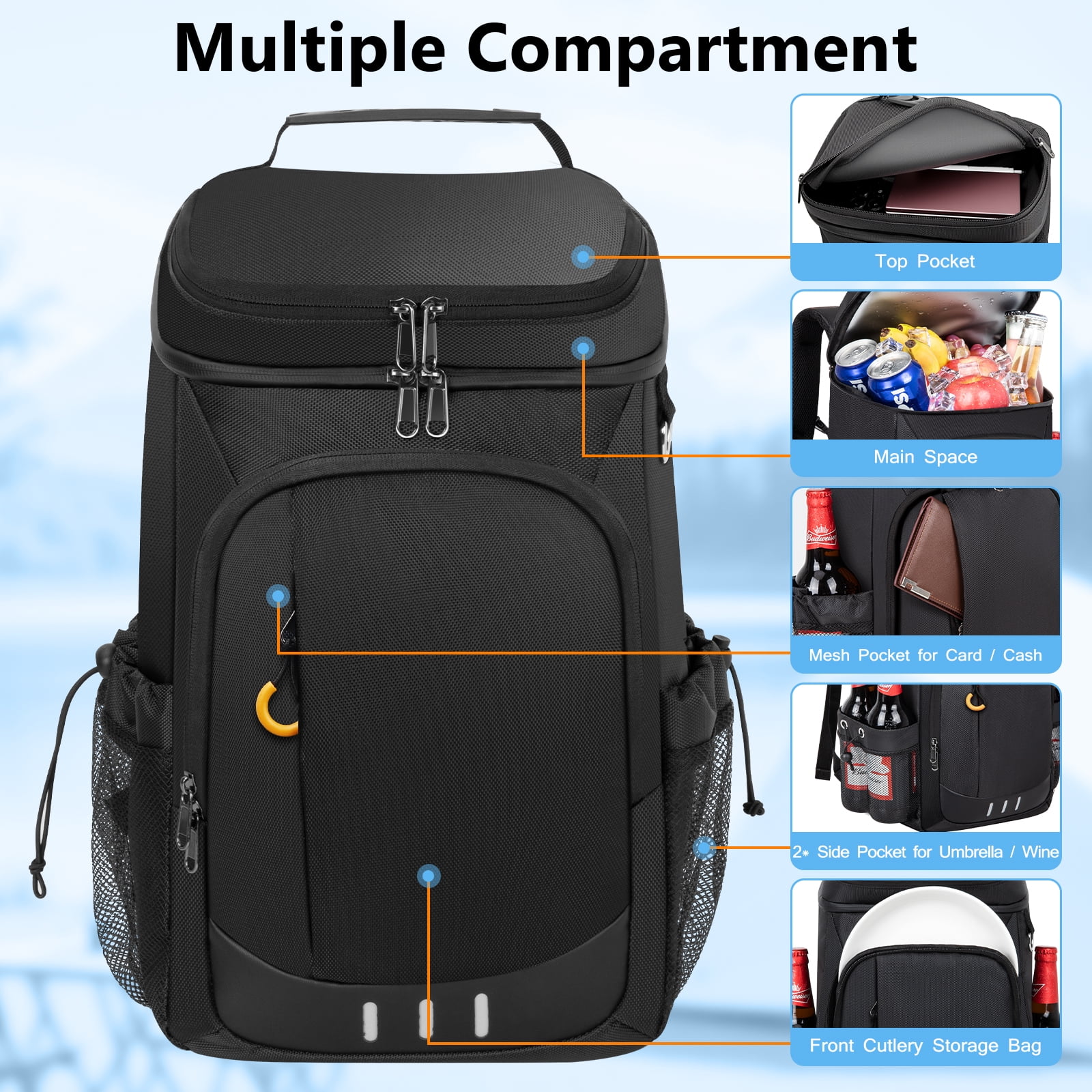 Cshidworld Cooler Backpack - 40 Cans Insulated Leak Proof Backpack Cooler Portable Picnic Camping Beach Hiking BBQ Cooler Bag for Men and Women, Black
