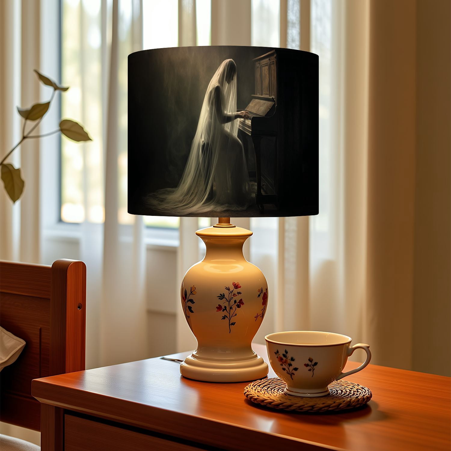 Gothic Linen Drum Lampshades Ethereal Ghostly Woman Piano Dark Gothic Atmosphere 13"x13"x10" Light Shade for Table Lamps Floor Lamp Shades Lampshade Replacement Assembly Required