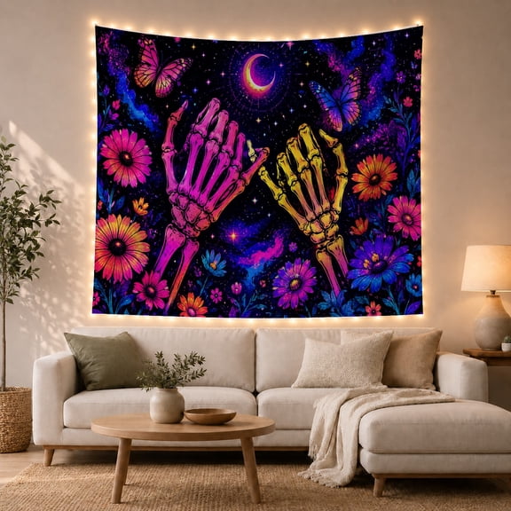 Two Skeleton Hands Reaching in a Starry Night, Romantic Boho for Gothic Decor Enthusiasts, Cosmic Wall Art, Halloween Gift, Tapestry Wall Hanging for Bedroom and Living Room