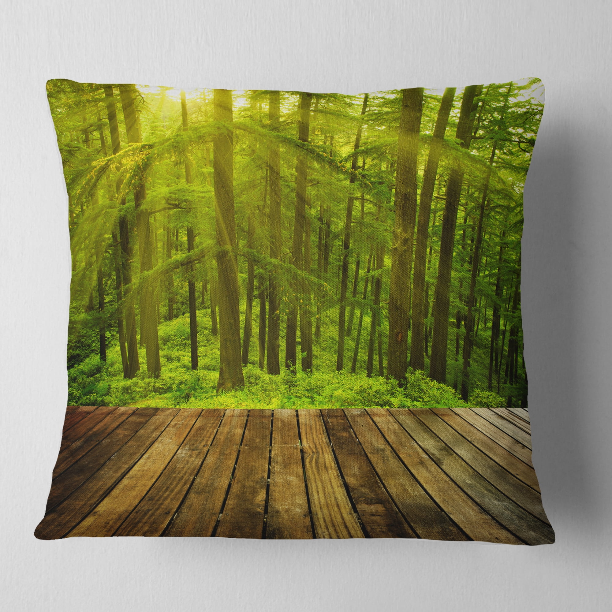 Designart Golden Sunlight in Pine Forest - Landscape Photography Throw Pillow - 16x16
