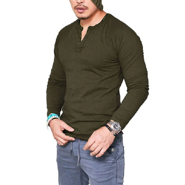 MAWCLOS Men Summer Tops Solid Color Blouse Plain T Shirts Basic Sport Long Sleeve T-shirt Army Green L