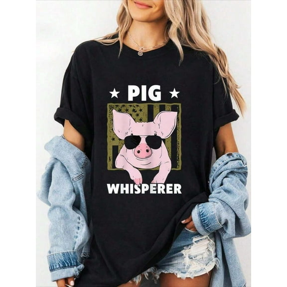 100% Cotton Pig Whisperer Funny Pig Design Farmer T-Shirt Summer Tees Women