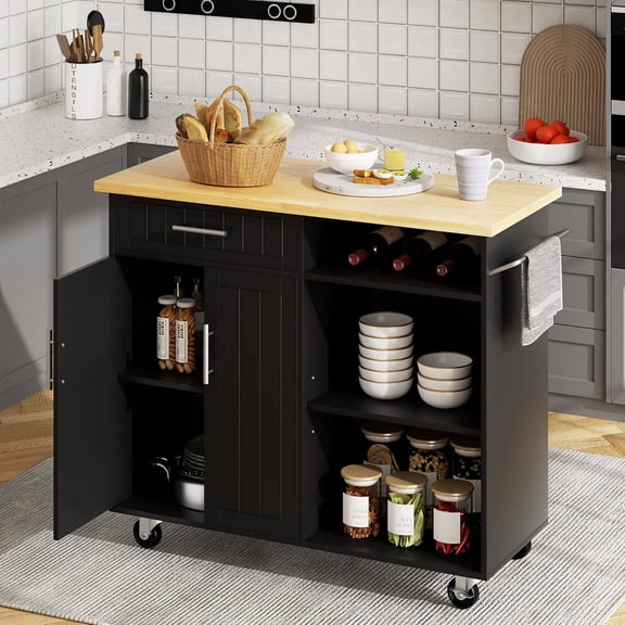 Kitchen Island Cart on Wheels with Storage Cabinet & Drawer, 42" Multifunction Cart with Shelves and Handle, Black