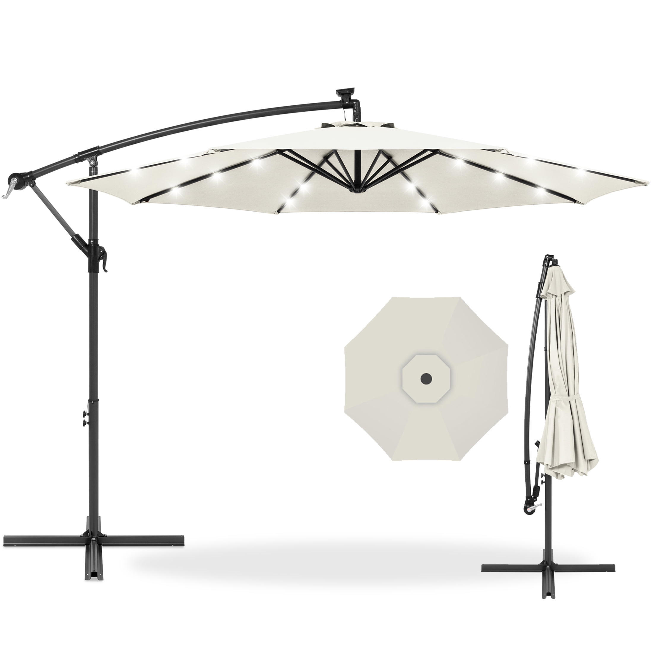 10ft Solar LED Offset Hanging Outdoor Market Patio Umbrella w/Easy Tilt Adjust 