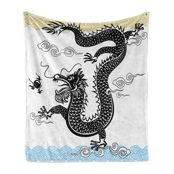 Dragon Soft Flannel Fleece Throw Blanket, Funny Traditional Chinese Dragon at Sea Waves with Calligraphy Print, Cozy Plush for Indoor and Outdoor Use, 50" x 60", Multicolor, by Ambesonne