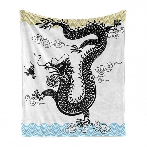 Dragon Soft Flannel Fleece Throw Blanket, Funny Traditional Chinese Dragon at Sea Waves with Calligraphy Print, Cozy Plush for Indoor and Outdoor Use, 50" x 70", Multicolor, by Ambesonne
