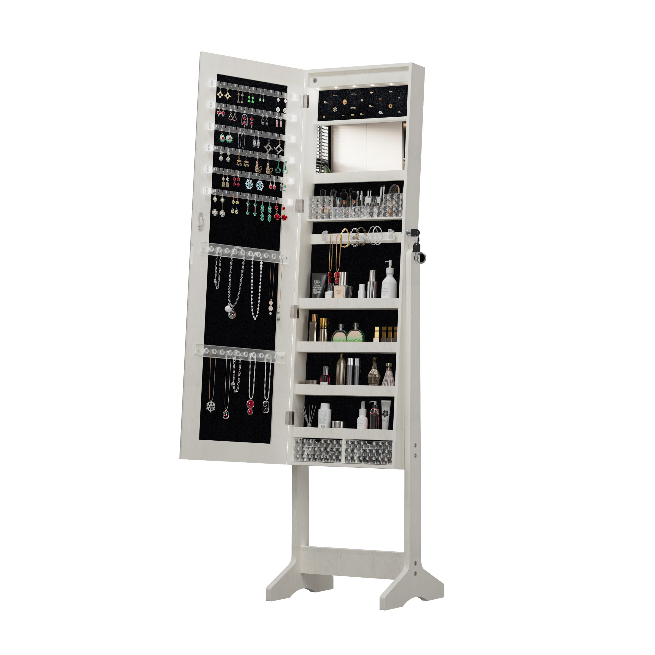 Noble House Standing Jewelry Armoire with Full Length Mirror, Lockable Lighted Organizer with Storage, White