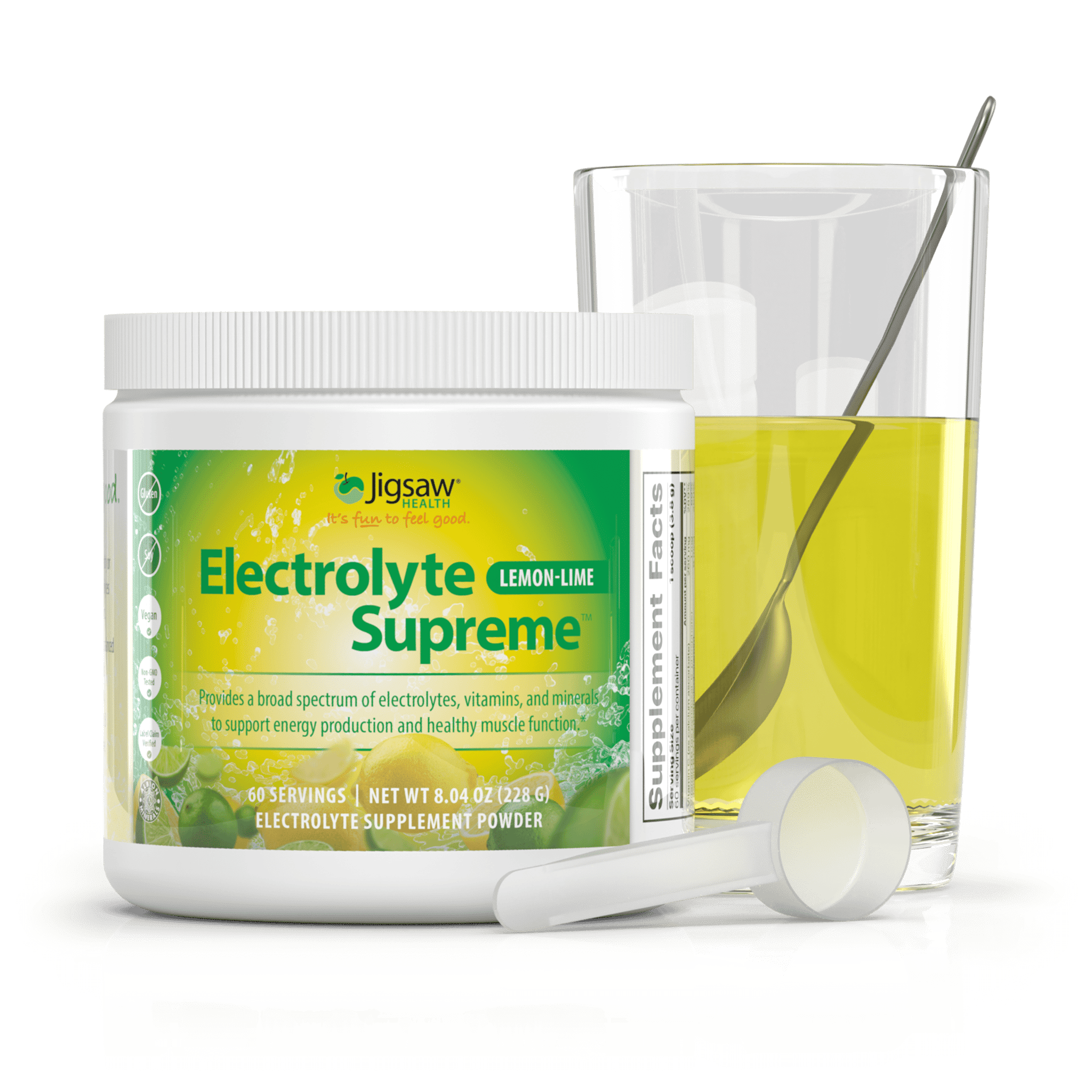 Jigsaw Health - Electrolyte Supreme - Great Lemon-lime Flavor - Broad Spectrum of Electrolytes + trace minerals - 60 Servings (Lemon Lime, Jar)