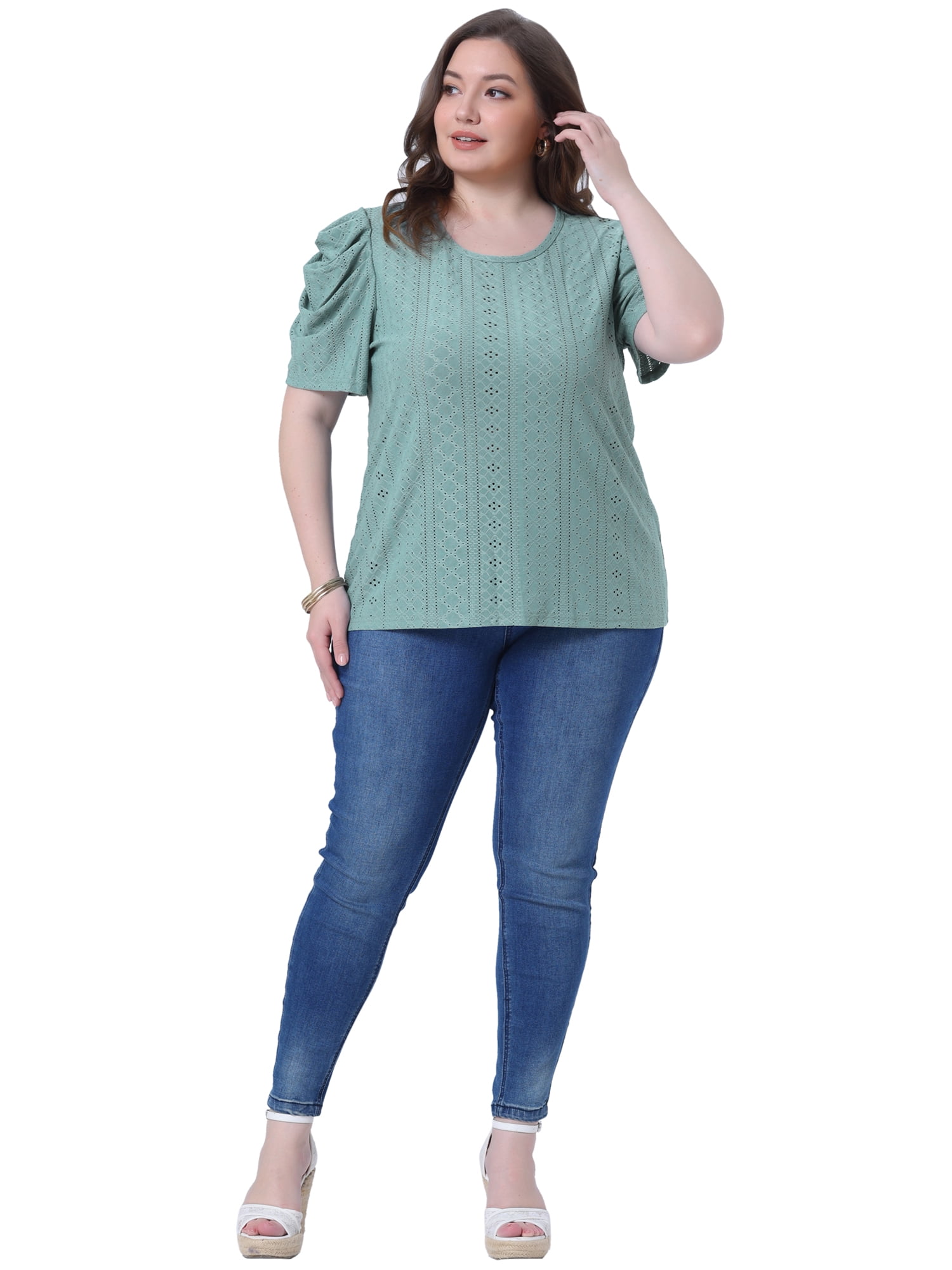 DARING DIVA Women's Plus Eyelet Embroidery Puff Sleeve Crew Neck Blouse 1X Green