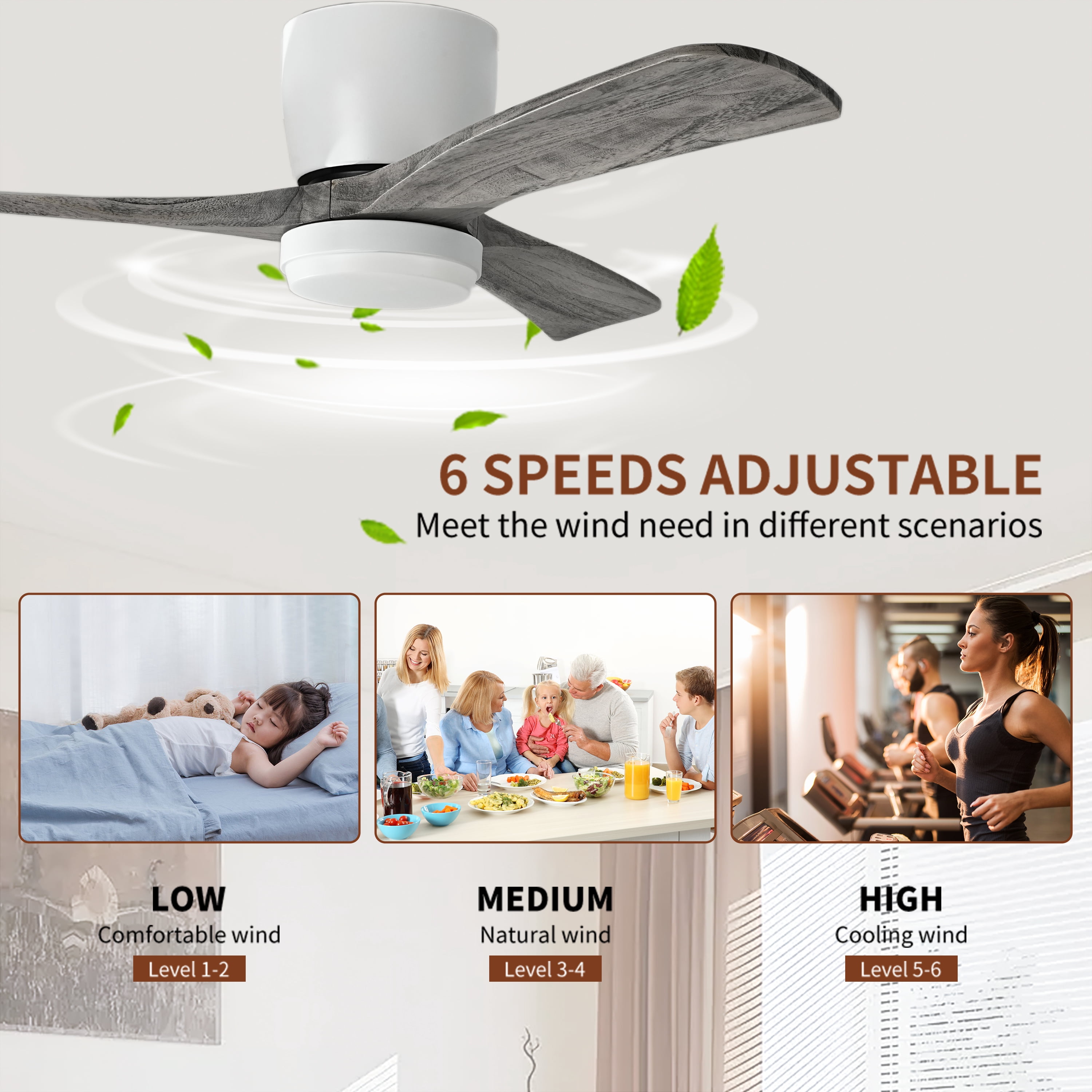 42" Solid Wood Ceiling Fan with Light-Flush Mount, DC Motor