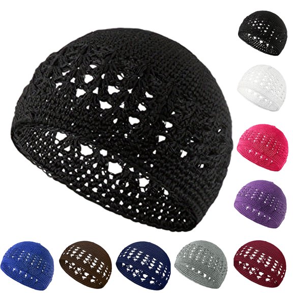 Crochet Beanie Hollow Out Cap for Women (Black One Size)