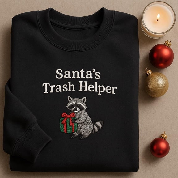 Embroidered Santa's Trash Helper Raccoon Sweatshirt, Funny Christmas Trash Panda Shirt, Sarcastic Holiday Animal Crewneck Gift