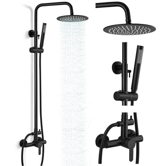 iMeshbean Black Shower Faucet Set 8" Rainfall Shower Head Combo System w/ Mixer Valve Kit