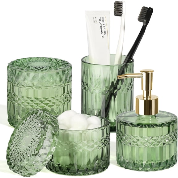 Green Bathroom Accessories Set, 4Pcs Green Bathroom Decor Accessory Sets Complete, Glass Soap Dispenser and Toothbrush Holder Set for Vintage Bathroom Countertop