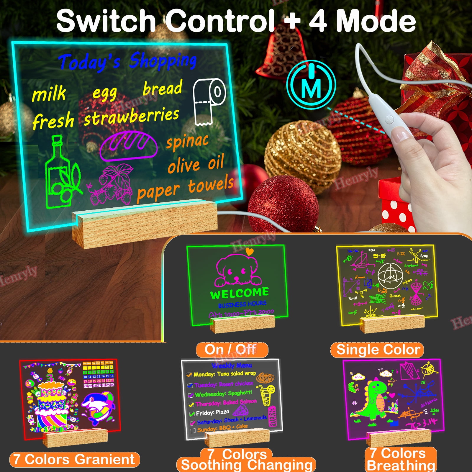 7 Colors Remote Control Acrylic Dry Erase Board with Light Up Wooden Stand for Desk 11.81 x 7.87” Clear Desktop Note Memo White Board Notepad Table LED Letter Massage Boards for Personal Creative Use