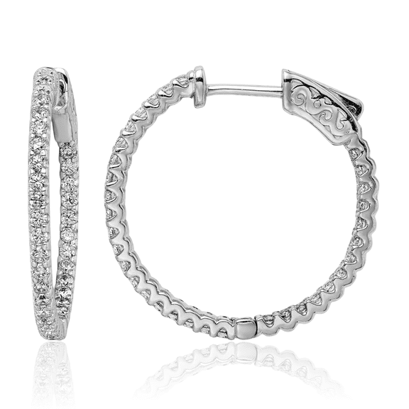 925 Sterling Silver 1.5mm Cubic Zirconia CZ Round Medium Hoop Earrings
