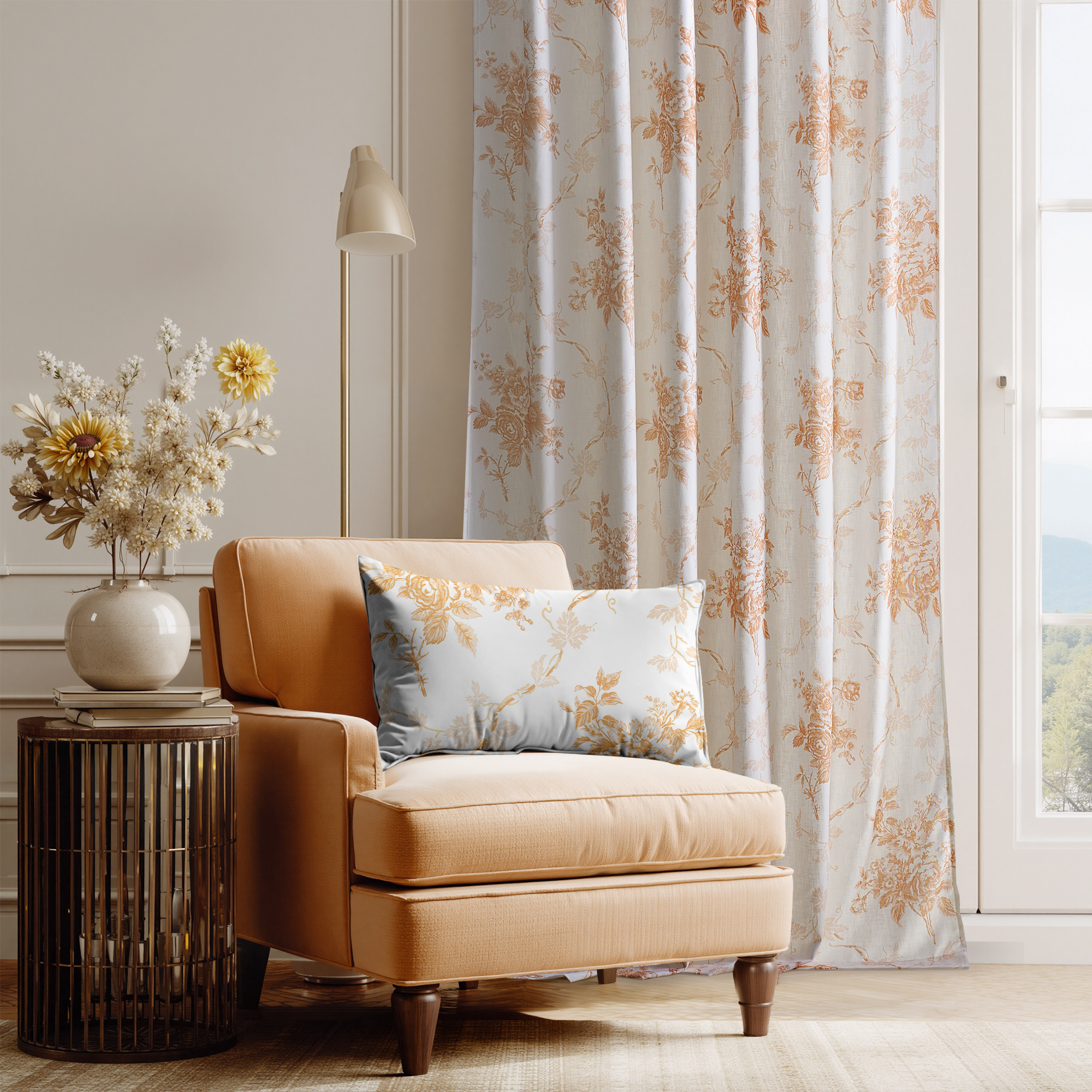 NICETOWN Linen Curtains for Bedroom, Luxury Floral Printed Faux Belgian Linen Curtains Light Filtering Modern Linen Drapes Back Tab Privacy Protection Window Treatments, Brown, 52"x84", 2 Panels