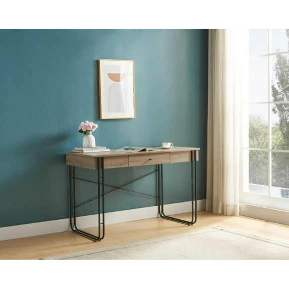 Computer Desk Writing Desk with One Drawer Metal Legs and USB Outlet Port – Brown & Black Metal