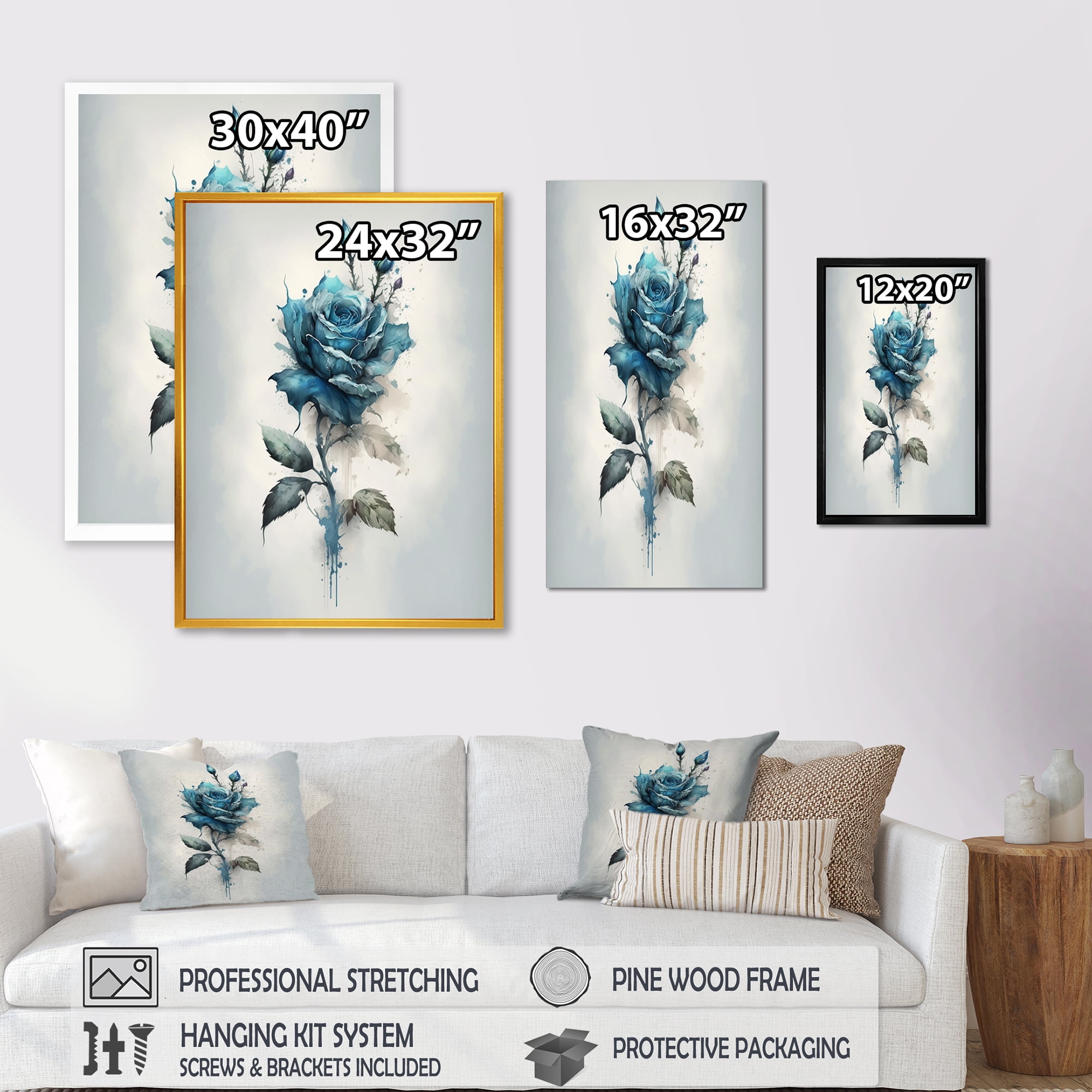 Designart Blue Rose With Thorns Canvas Wall Art