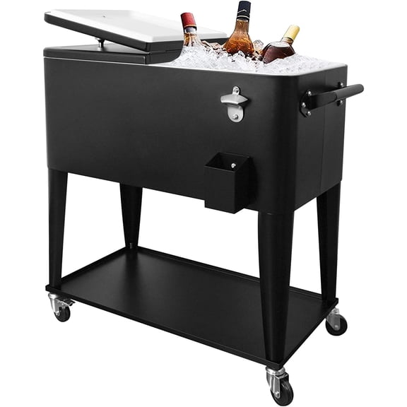 80 Quart Outdoor Patio Cooler on Wheels,Portable Beverage Rolling Cooler Cart for Backyard Deck, Ice Chest with Shelf, Water Pipe and Bottle Opener