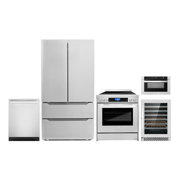 Cosmo 5 Piece Kitchen Appliance Package with 24" Built-In Microwave Drawer 30" Freestanding Electric Range 24" Built-in Integrated Dishwasher French Door Refrigerator & 48 Bottle Wine Refrigerator