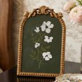 thumbnail image 2 of Crystal Art Gallery 6x8 Gold Ornate Arch Tabletop Framed Pretty Little Flower III Black Art with Metal Easel Back, White Floral on Black Crystex Textured Finish Vintage Decorative Accent, 2 of 10