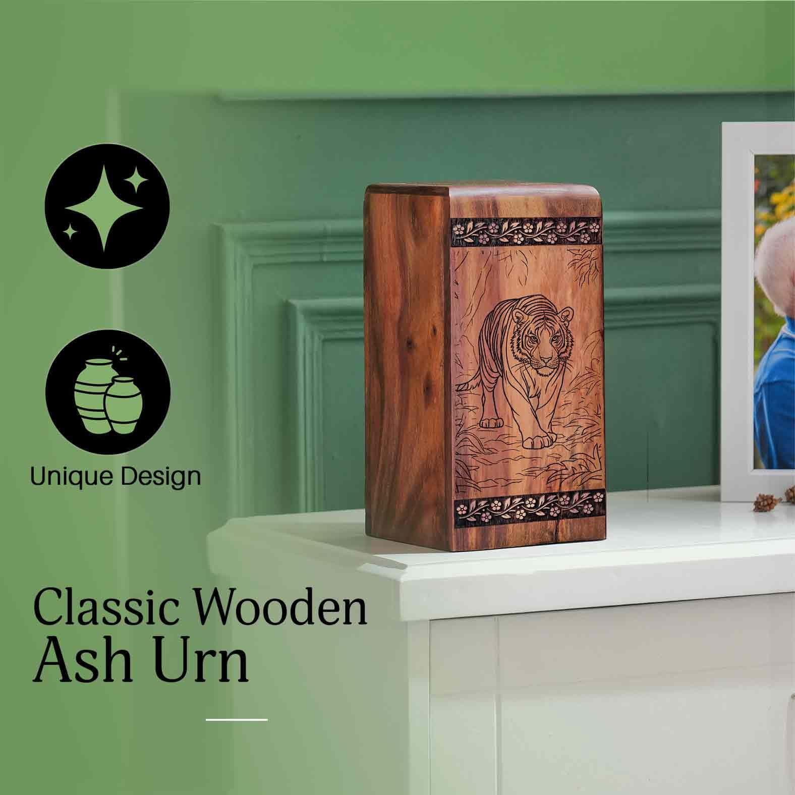 Tiger Urn - Wooden Cremation Urn for Human Ashes Man/Woman - Tigers Wood Urns Pet Ash - Decorative Box Funeral Urns for Adult Male Female - Memorial Keepsake Urns - 10inch, Large Size - Single 1Pcs
