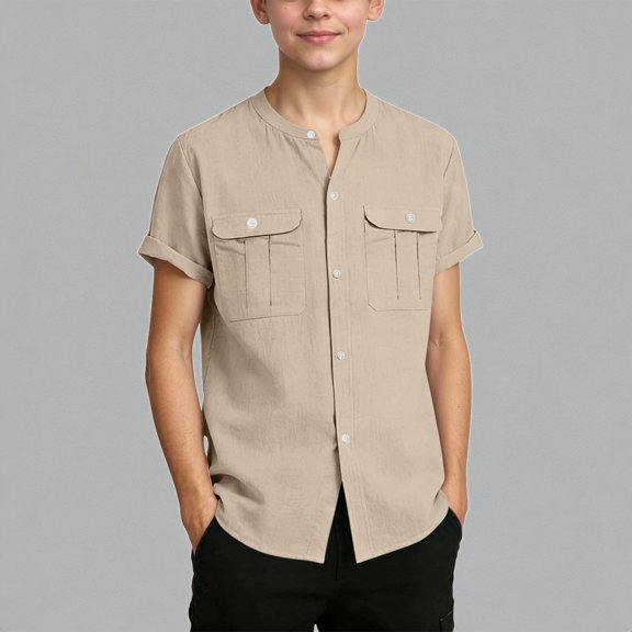 Krdevn Boys Mandarin Collar Short Sleeve Button Down Shirt With Pockets Summer Casual Kids Top,5-6 Years