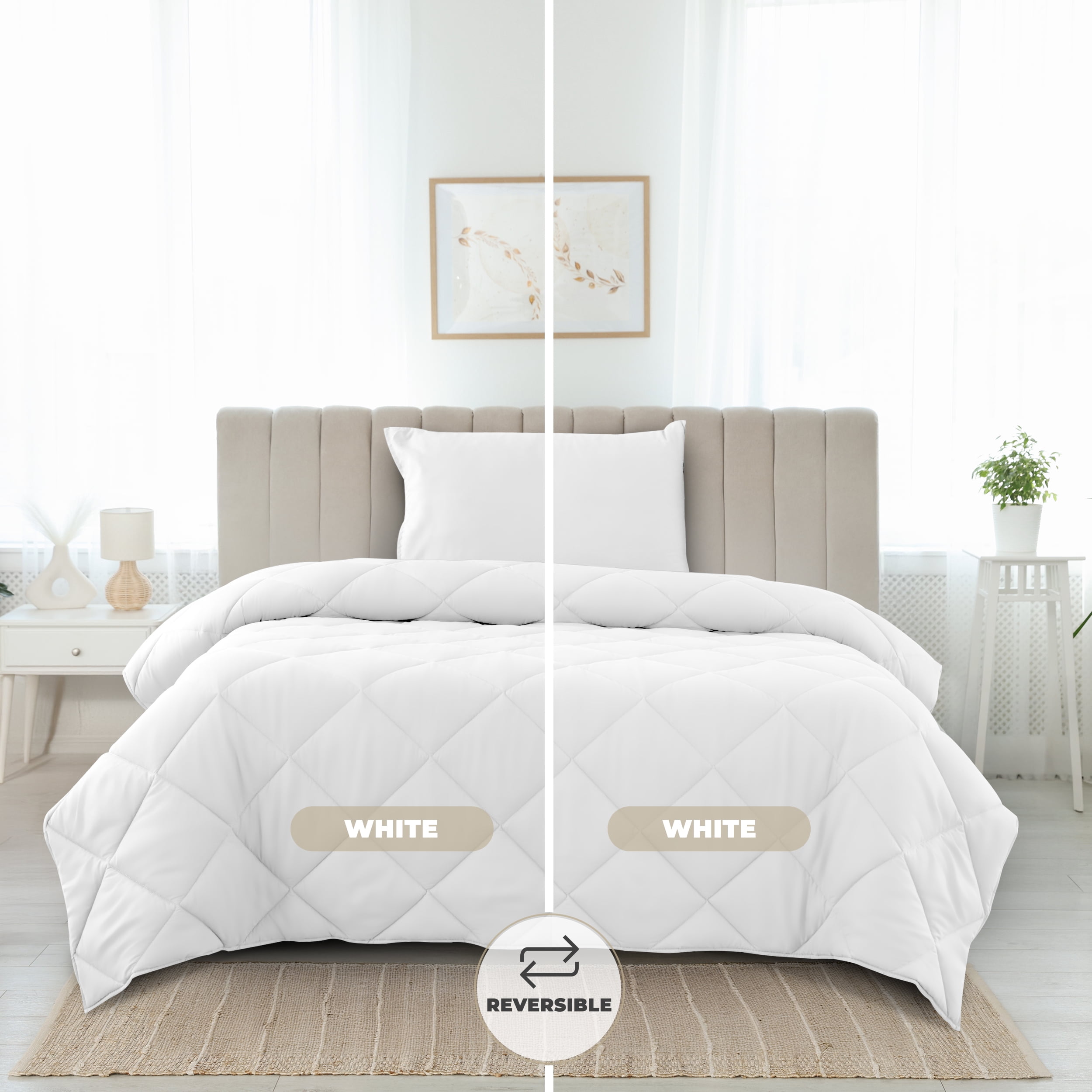 Lux Decor All-Season Comforter Sets Twin Size 2 PC, Reversible Bedding Set with Diamond Quilted Design Comforter and 1 Pillow Sham, Lightweight & Cozy Set de Cama White
