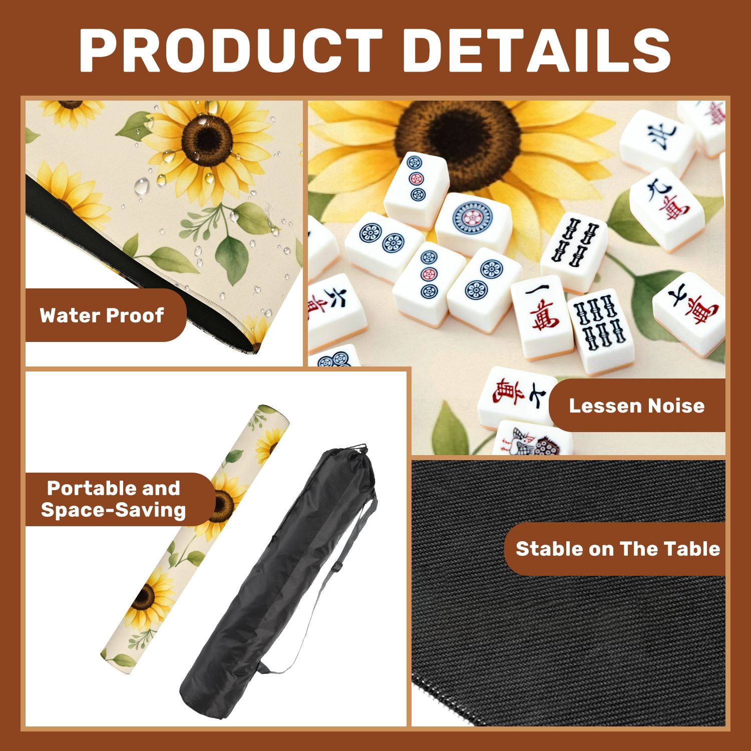 Mahjong Mat 31.5" x 31.5" Seamless Yellow Sunflowers Green Leaves Beige Non-Slip Noise Reduction American Mahjong Tiles Table Cover for Dominoes Poker Card Board Games Gift