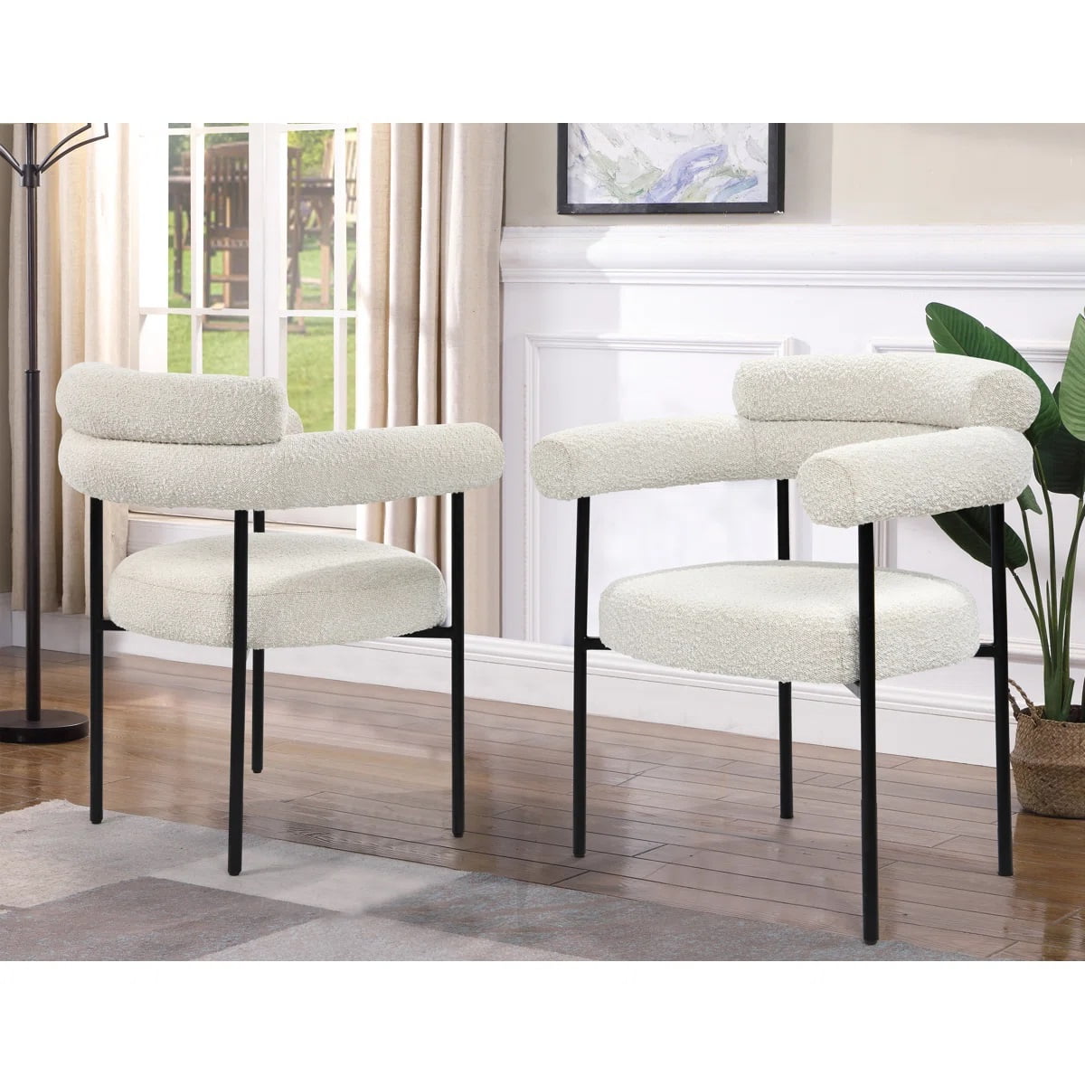 Dining Chair Set of 2, Boucle Fabric Upholstered Armchairs with Black Stainless Steel Metal Frame, Modern Glam Accent Seating for Dining Room, Cream, 28"L x 24"D x 32"H, Medium Firm