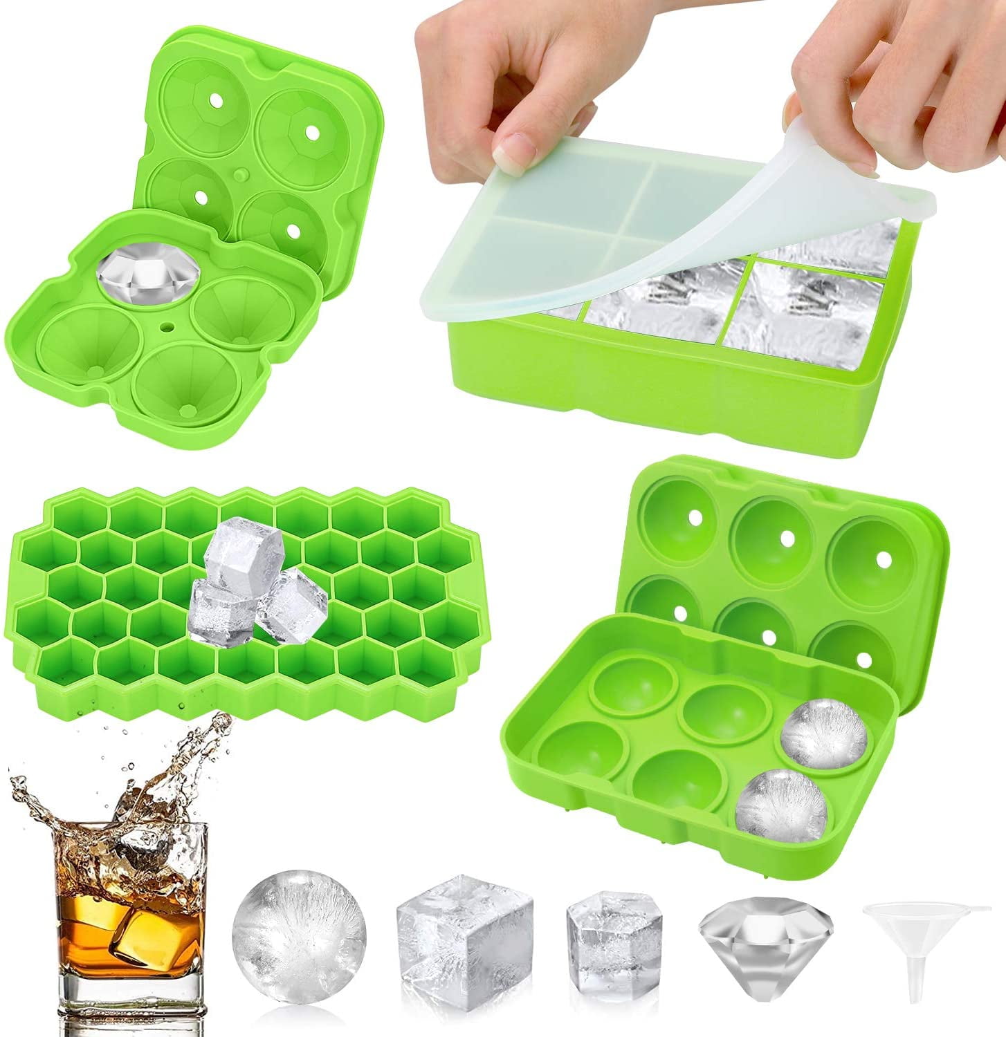 NEW Diamond Ice Cube 4-Ice Trays Molds Reusable Silicone Flexible Maker With Lid